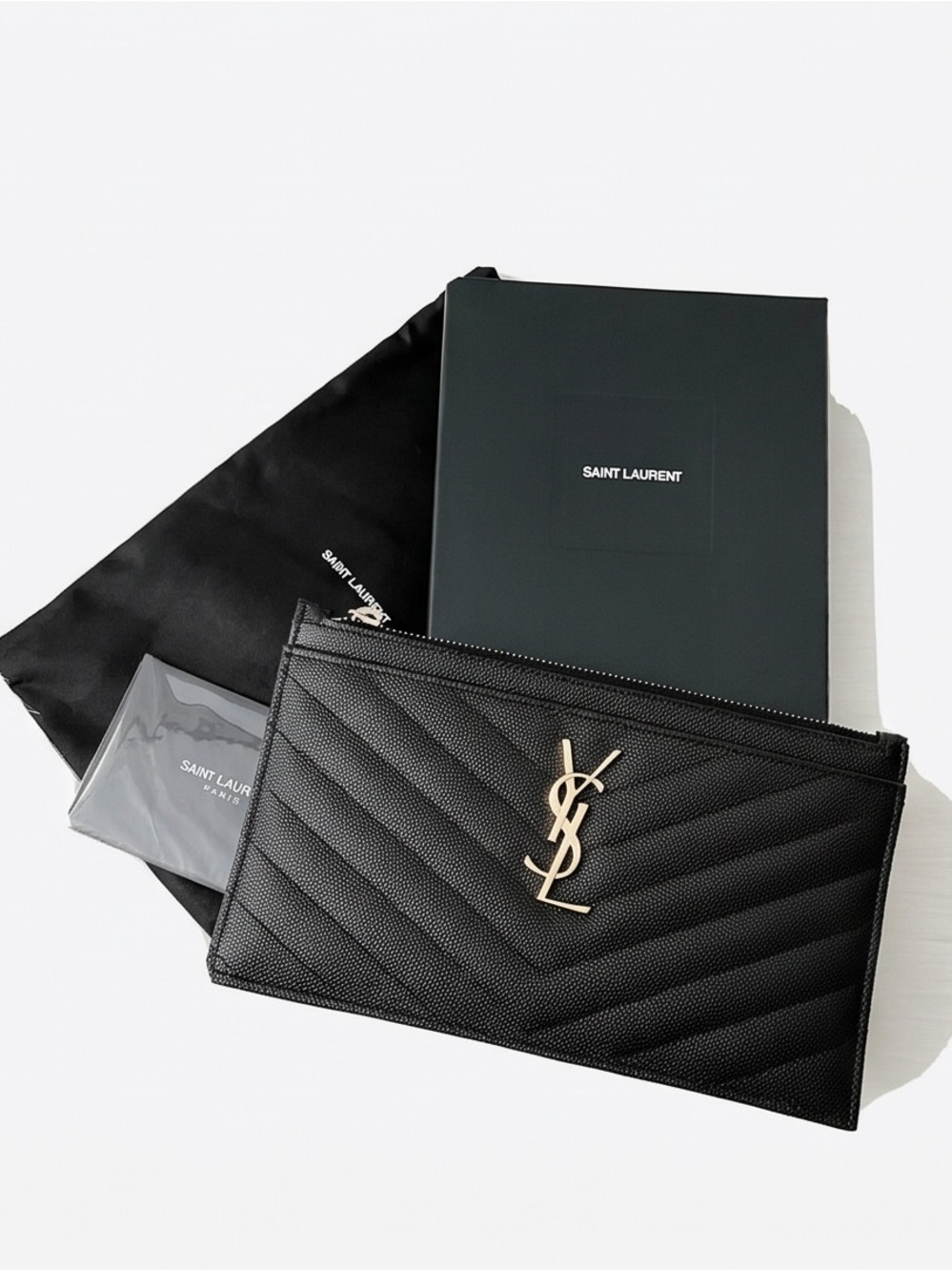 BNWT Saint Laurent Black Quilted Leather YSL Zip Pouch with Silver Logo